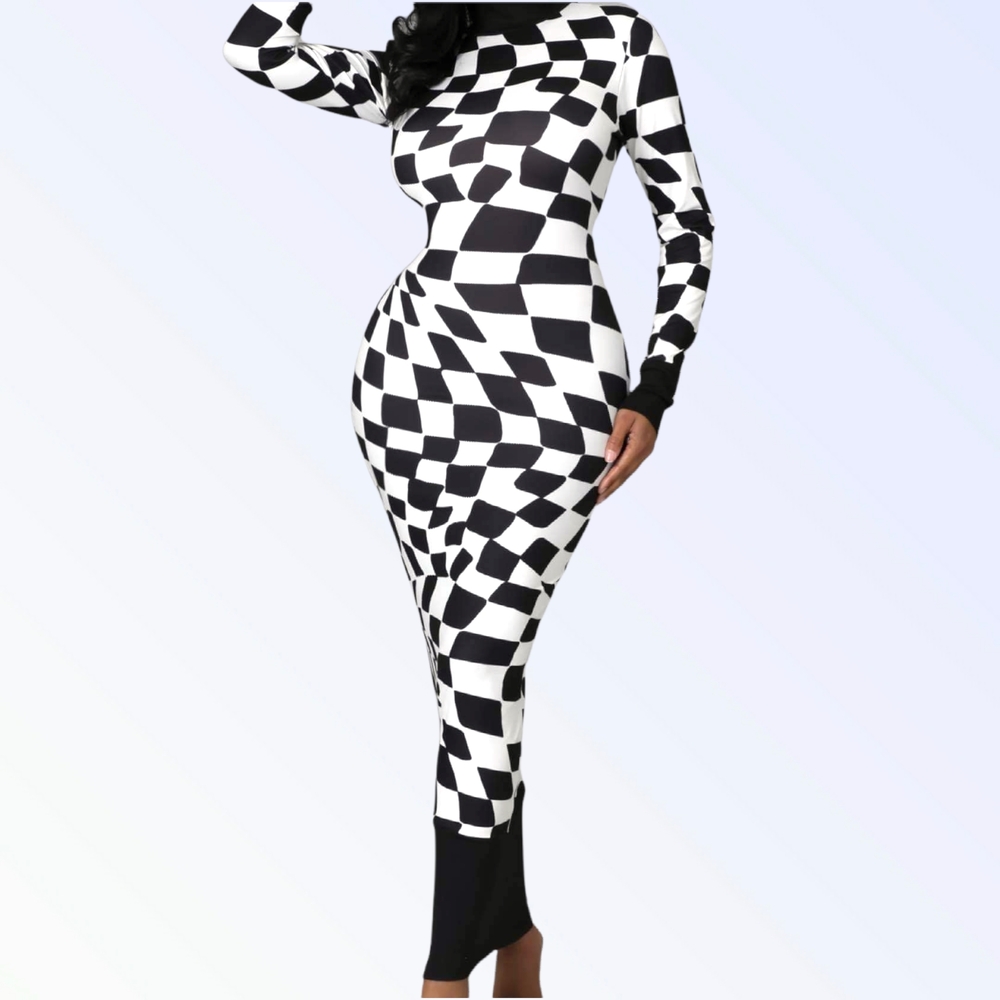 Black and White Checkered Long Sleeve Dress